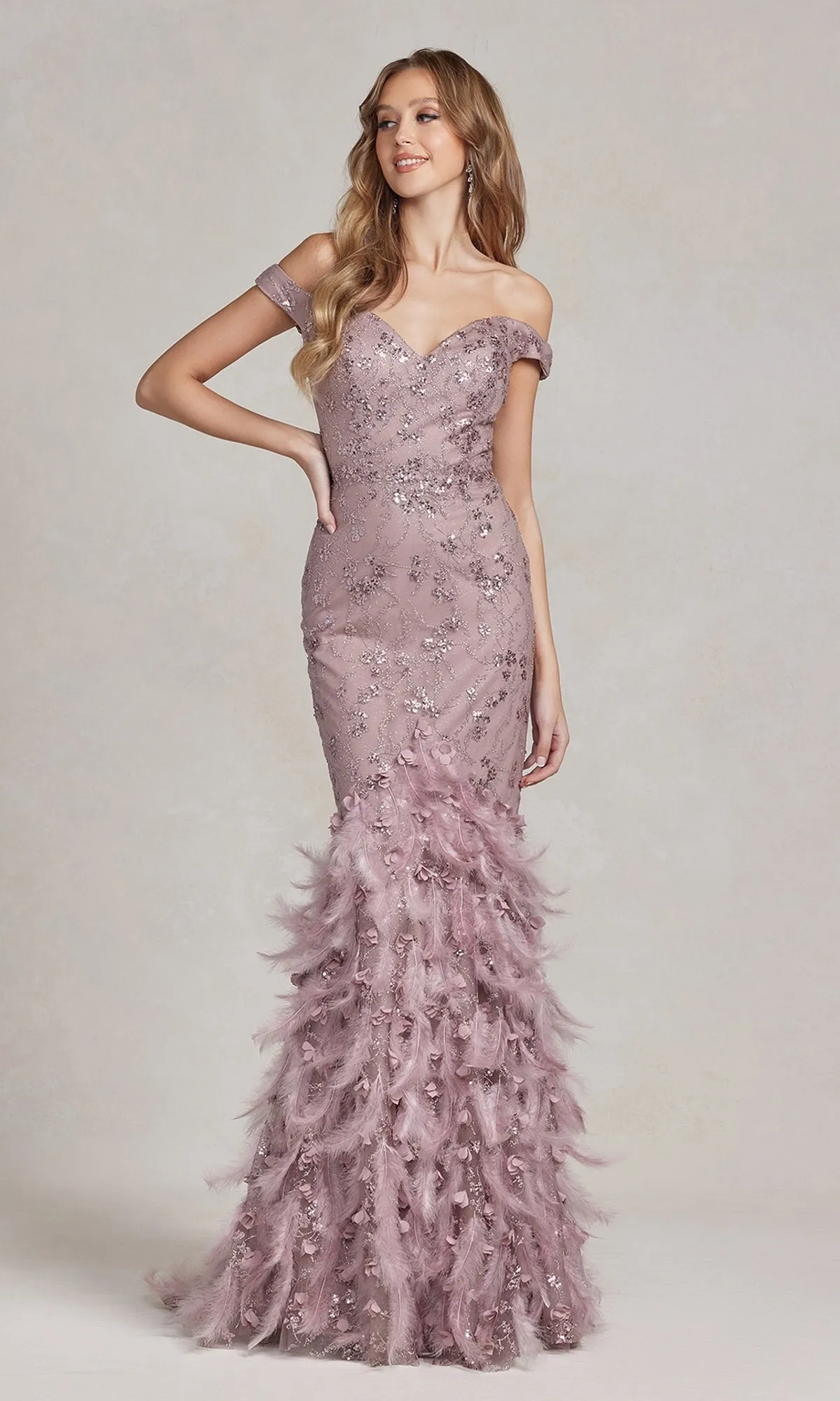 Feather-Skirt Off-Shoulder Long Prom Dress C1106