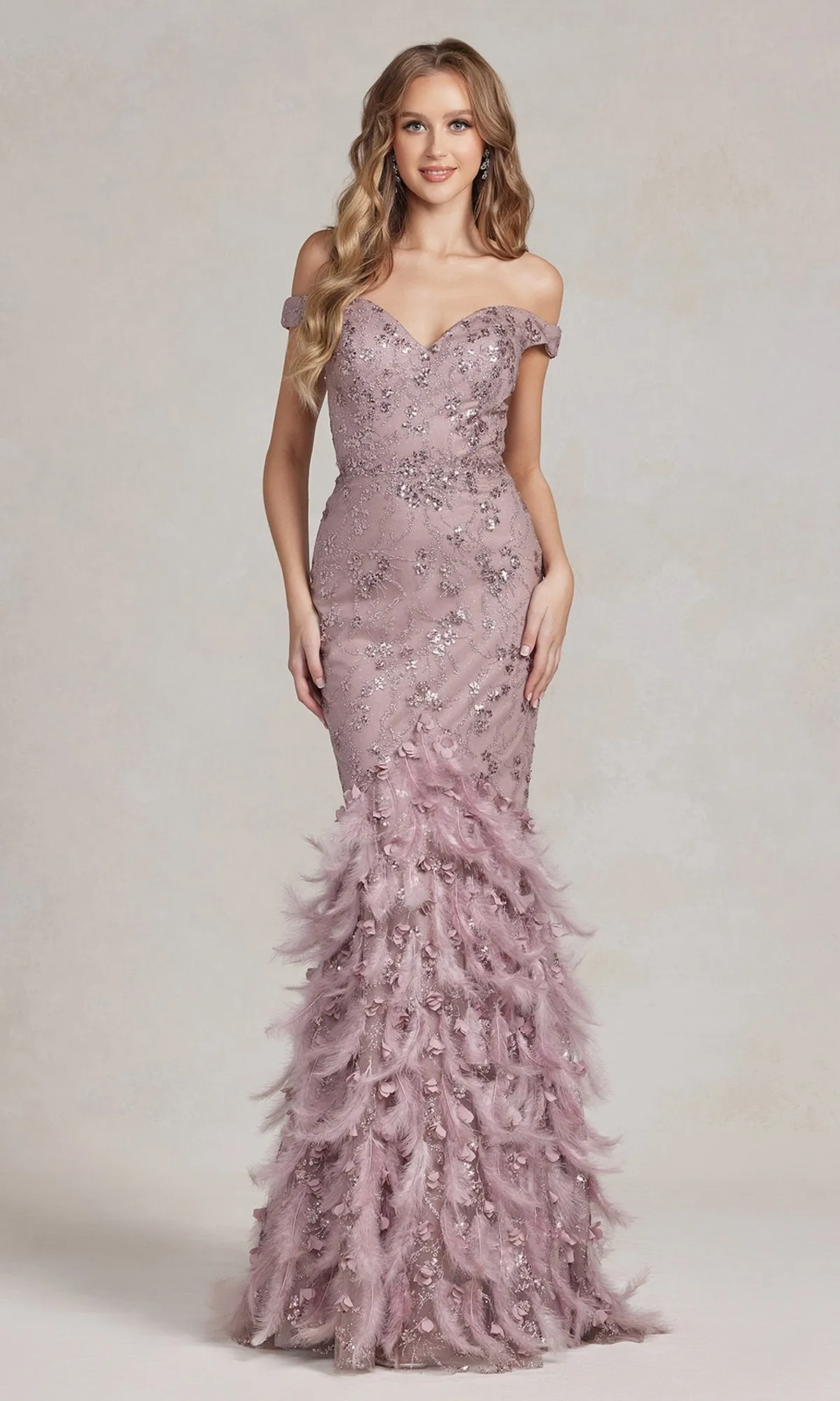 Feather-Skirt Off-Shoulder Long Prom Dress C1106