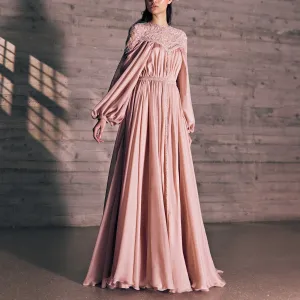 Flora Embroidered Mousseline Pink Caftan Dress With Shimmer Lights