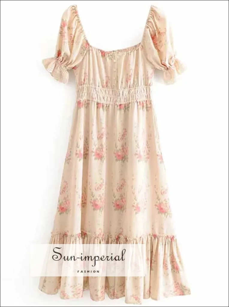 Floral Print Ruffle Maxi Dress Short Puff Sleeve Elastic Vintage Party Dress