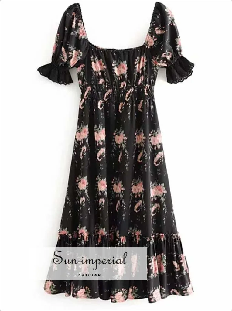 Floral Print Ruffle Maxi Dress Short Puff Sleeve Elastic Vintage Party Dress