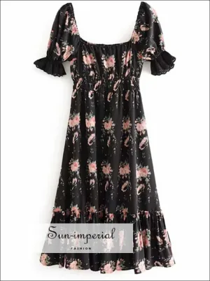 Floral Print Ruffle Maxi Dress Short Puff Sleeve Elastic Vintage Party Dress