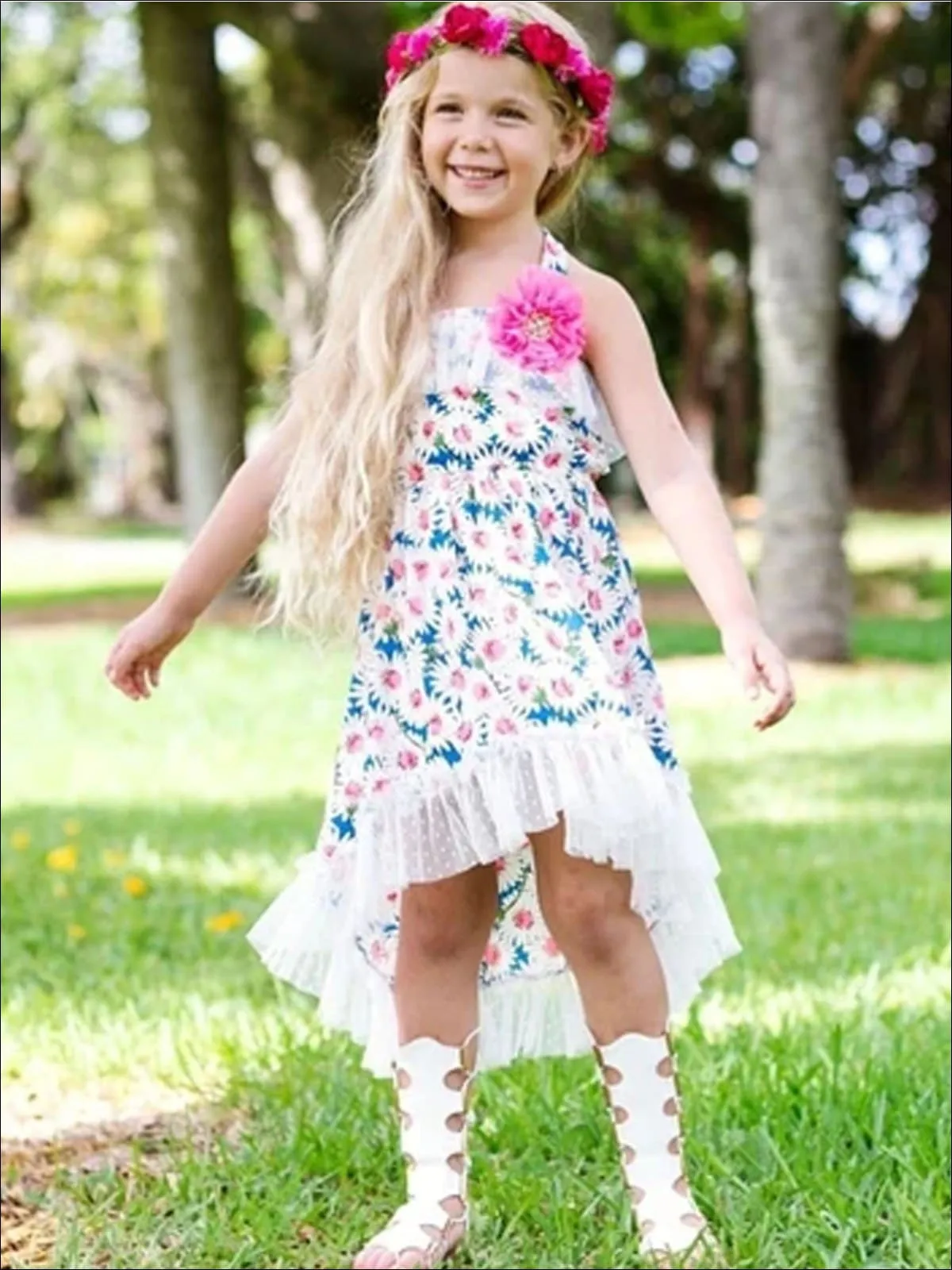 Girls Daisy Print Hi-Low Elastic Waist Sundress with Lace Ruffles