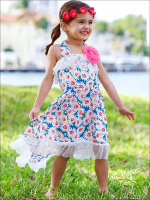 Girls Daisy Print Hi-Low Elastic Waist Sundress with Lace Ruffles