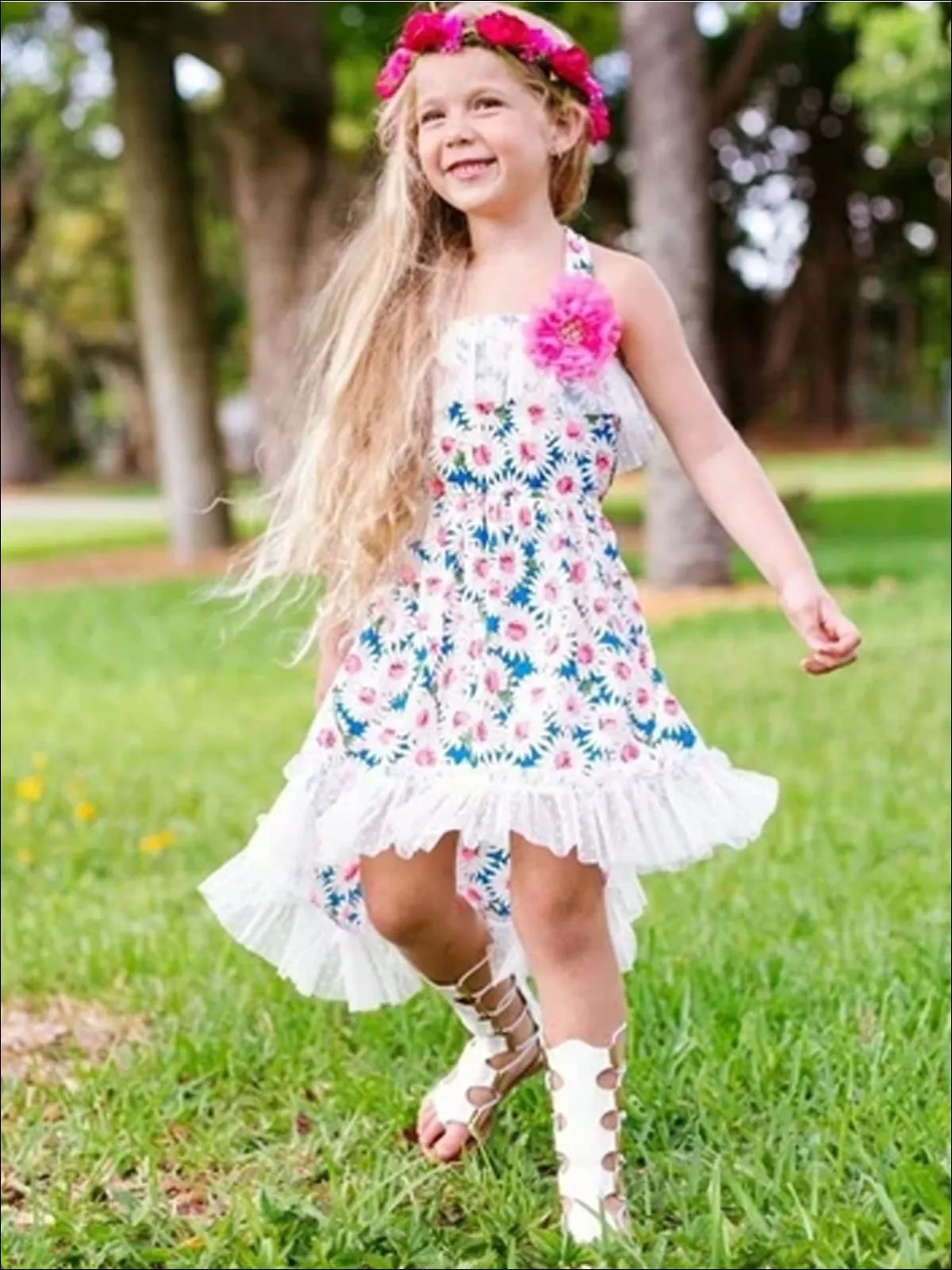 Girls Daisy Print Hi-Low Elastic Waist Sundress with Lace Ruffles
