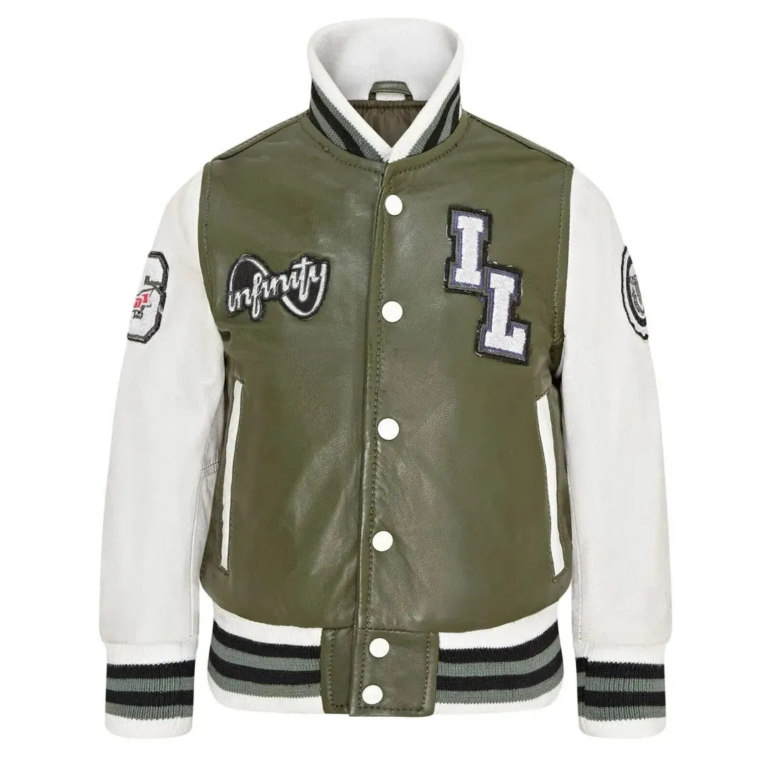 Kids Olive Green Leather Letterman Bomber Jacket