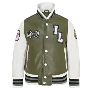 Kids Olive Green Leather Letterman Bomber Jacket
