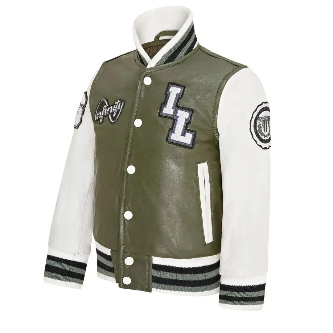 Kids Olive Green Leather Letterman Bomber Jacket