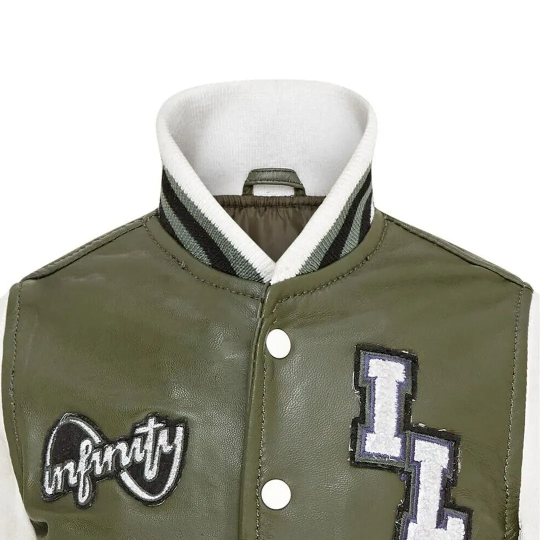 Kids Olive Green Leather Letterman Bomber Jacket