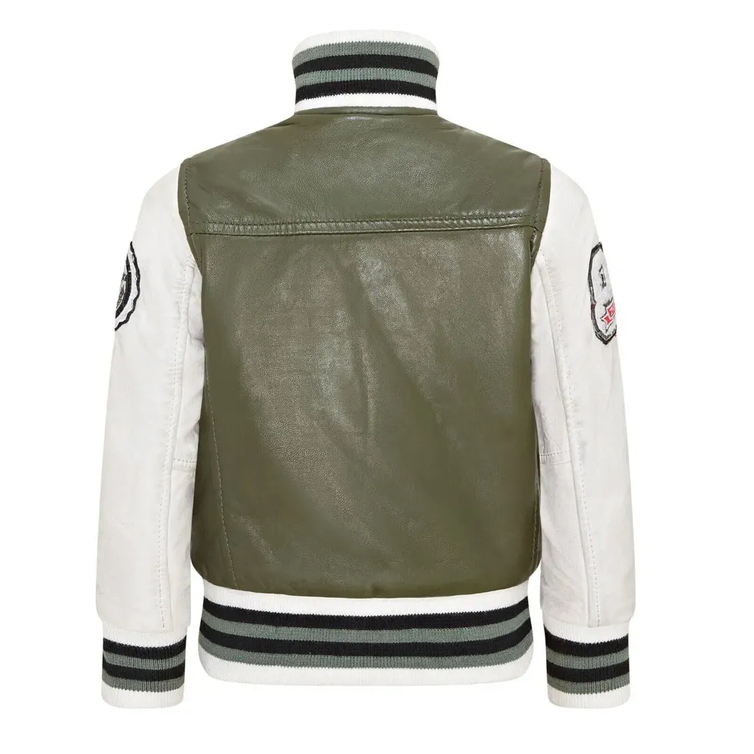 Kids Olive Green Leather Letterman Bomber Jacket