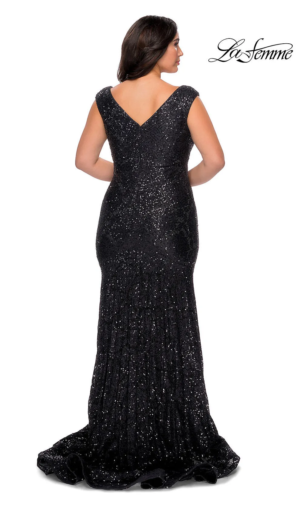 La Femme Long Plus-Size Sequin-Lace Prom Dress