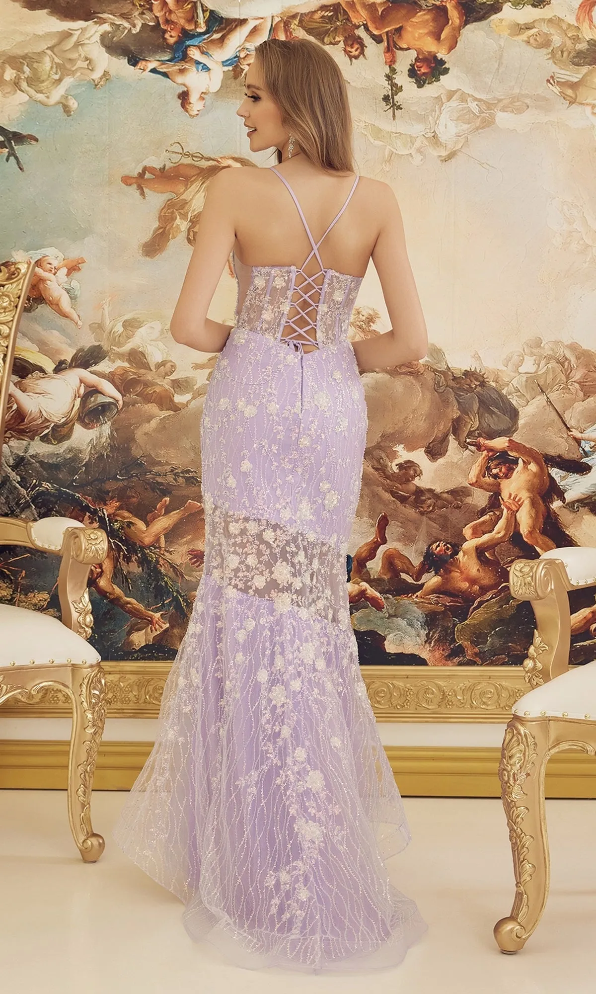Lilac Floral Sheer-Bodice Long Formal Dress C1195