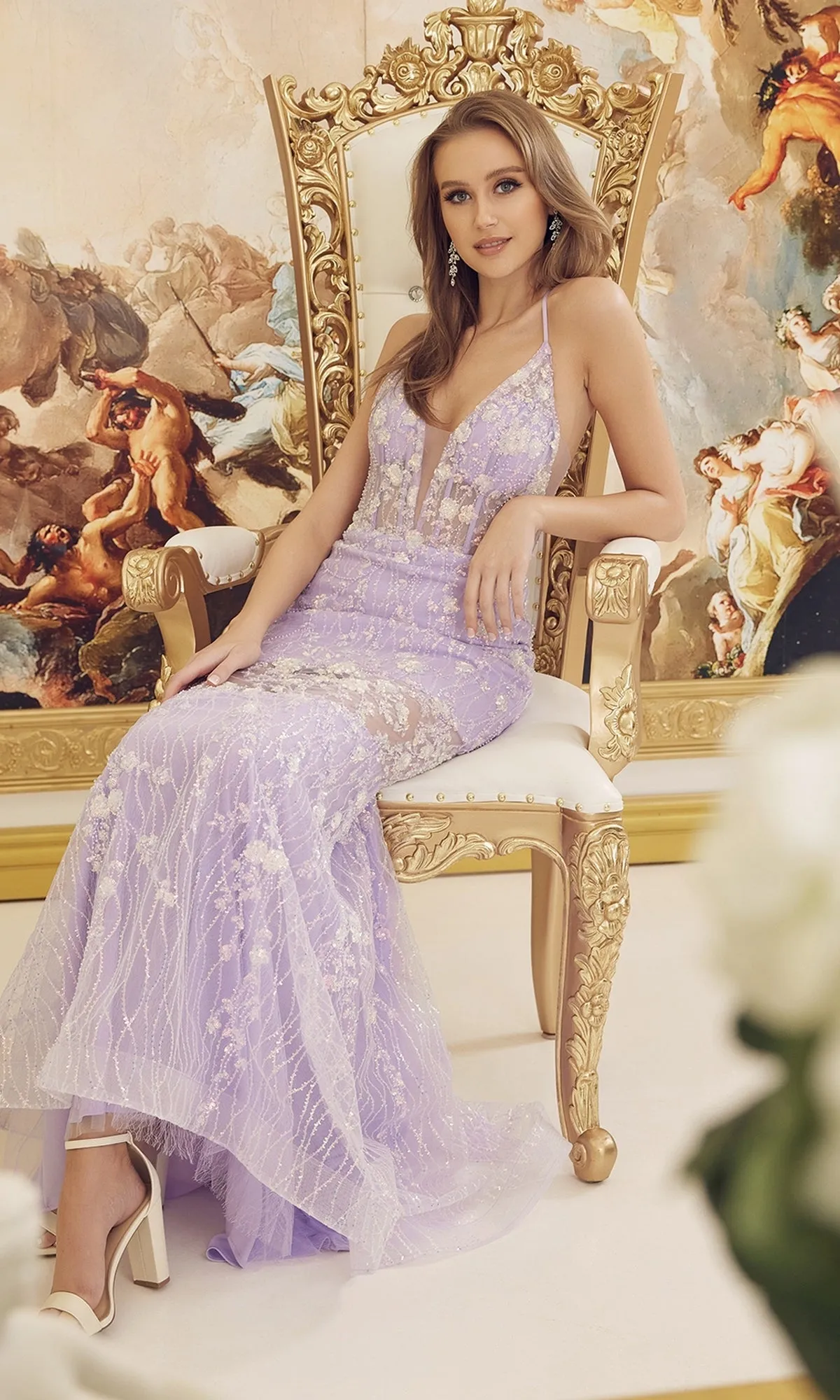 Lilac Floral Sheer-Bodice Long Formal Dress C1195