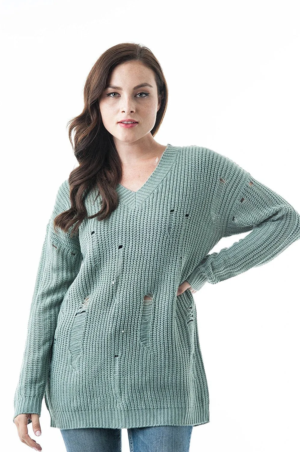 Long Dropped Sleeve V Neck Oversized Knit Distressed Sweater
