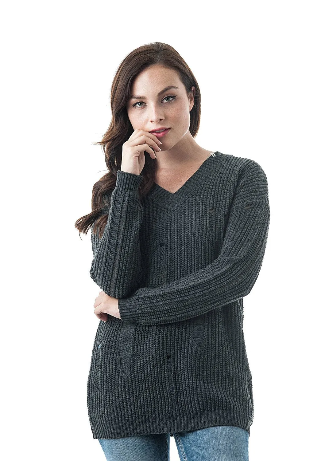 Long Dropped Sleeve V Neck Oversized Knit Distressed Sweater