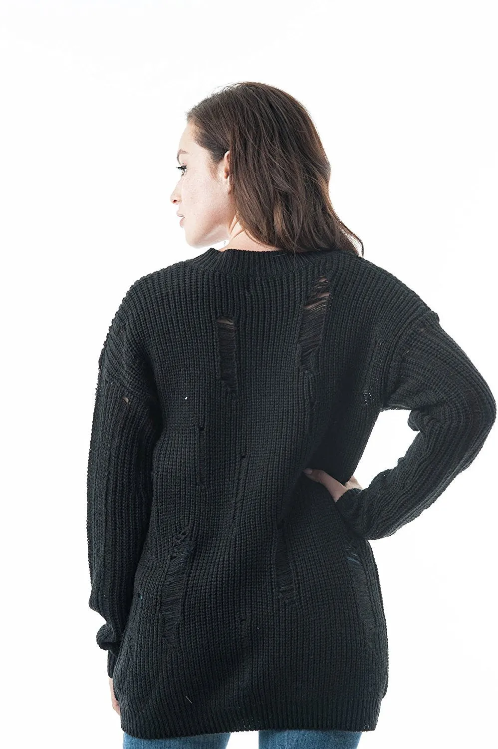 Long Dropped Sleeve V Neck Oversized Knit Distressed Sweater