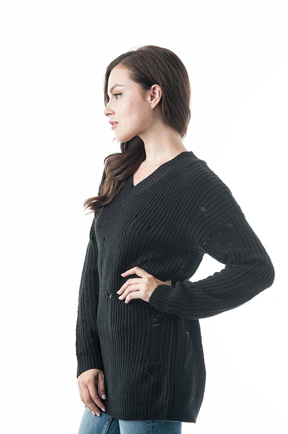 Long Dropped Sleeve V Neck Oversized Knit Distressed Sweater