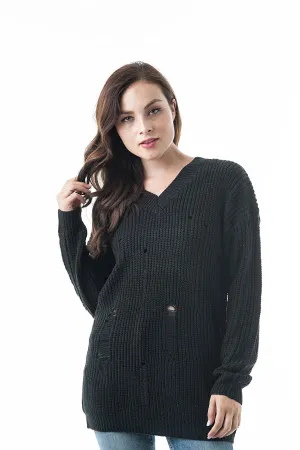 Long Dropped Sleeve V Neck Oversized Knit Distressed Sweater