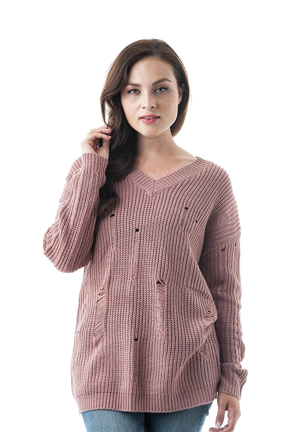 Long Dropped Sleeve V Neck Oversized Knit Distressed Sweater