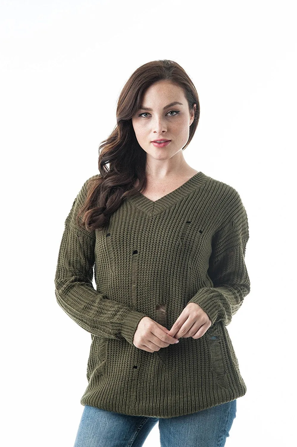 Long Dropped Sleeve V Neck Oversized Knit Distressed Sweater