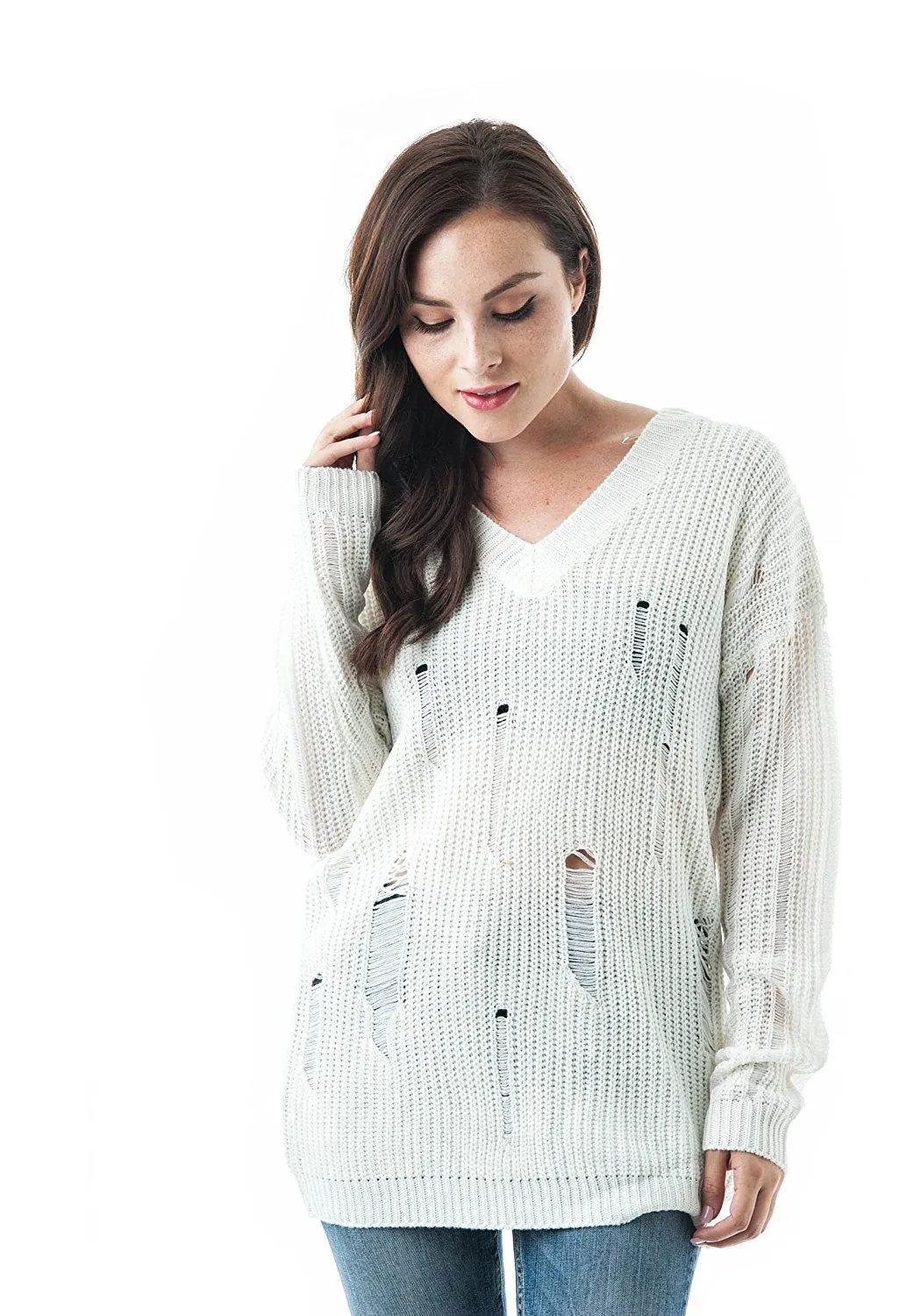 Long Dropped Sleeve V Neck Oversized Knit Distressed Sweater