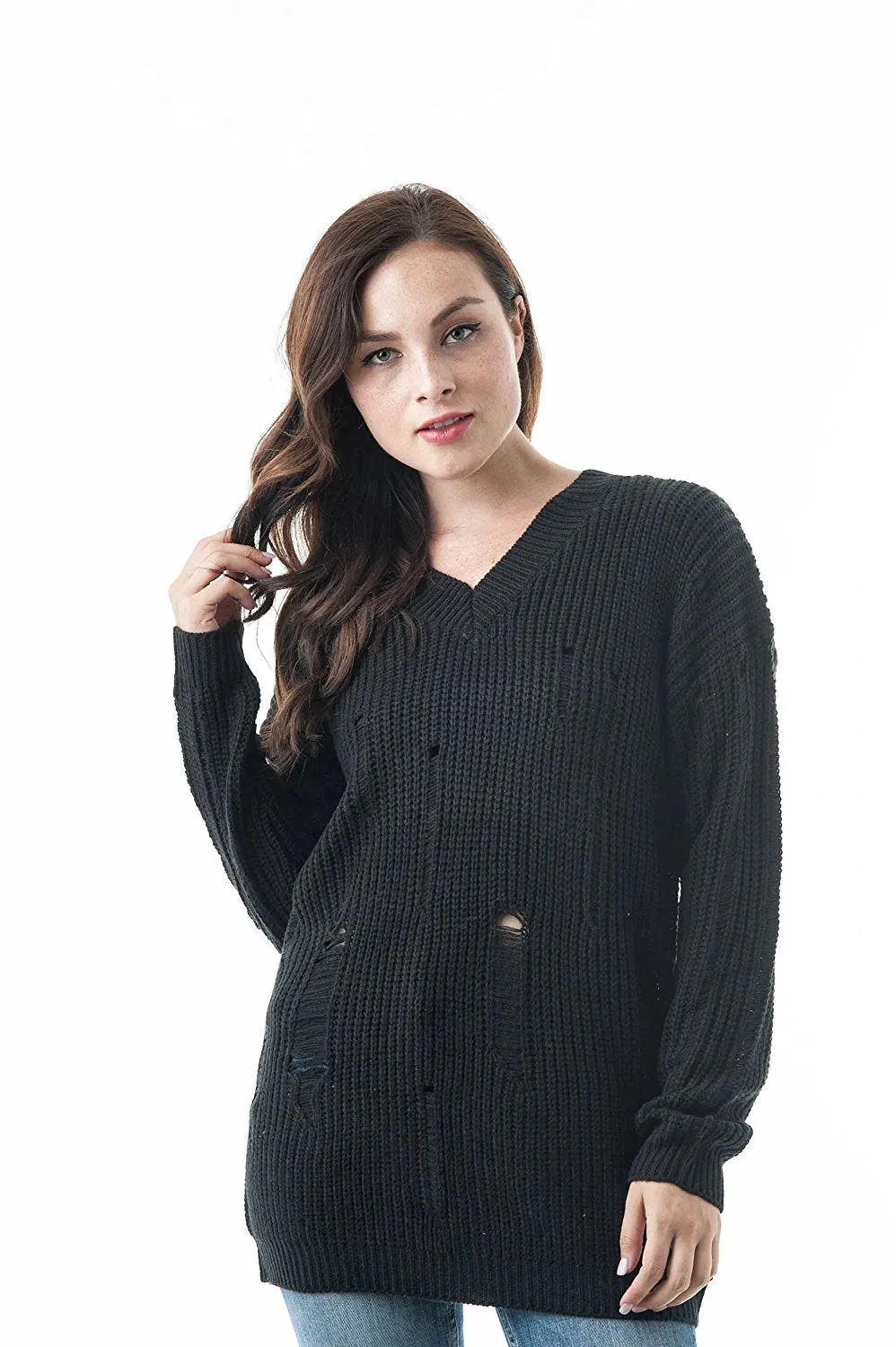 Long Dropped Sleeve V Neck Oversized Knit Distressed Sweater