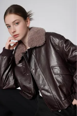 Luxe Lambskin Leather Camel Puffer Bomber Jacket with Fur Collar