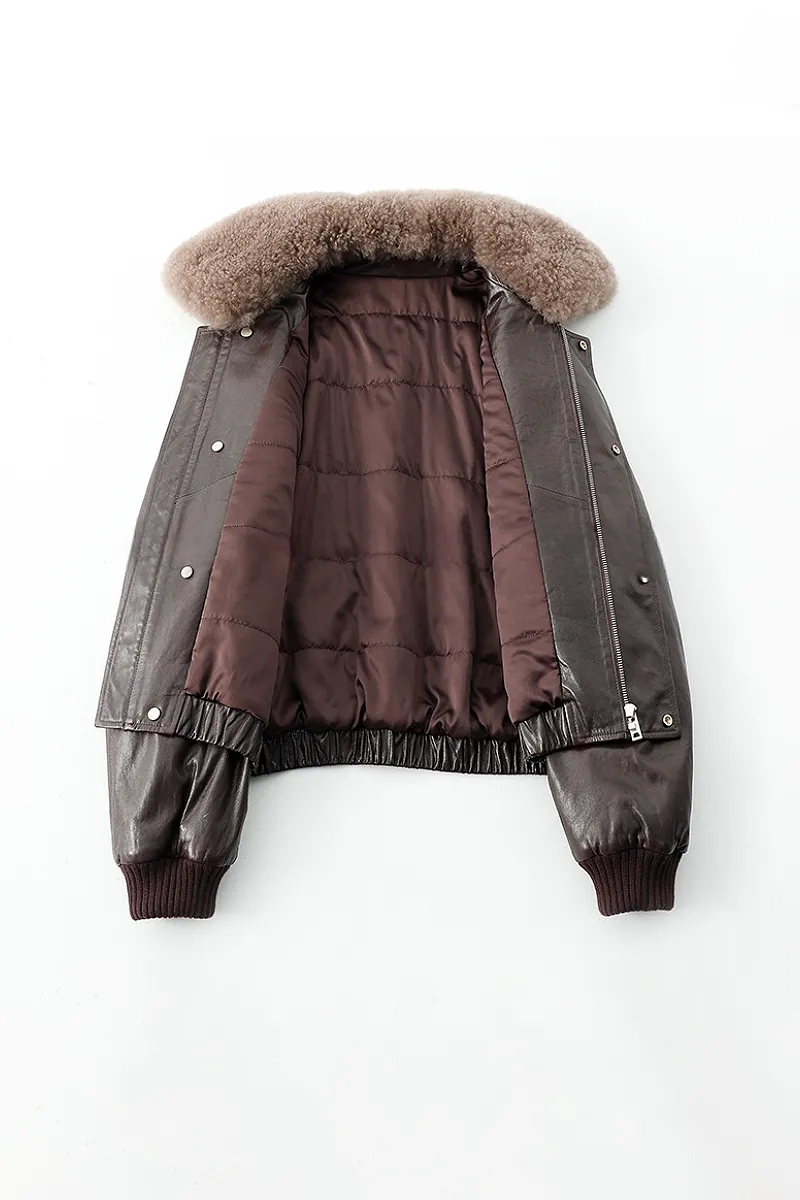 Luxe Lambskin Leather Camel Puffer Bomber Jacket with Fur Collar