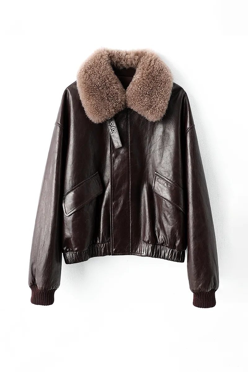 Luxe Lambskin Leather Camel Puffer Bomber Jacket with Fur Collar