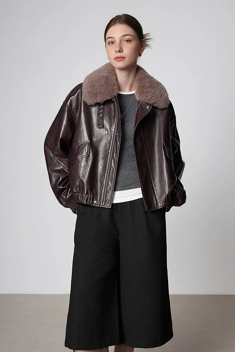 Luxe Lambskin Leather Camel Puffer Bomber Jacket with Fur Collar