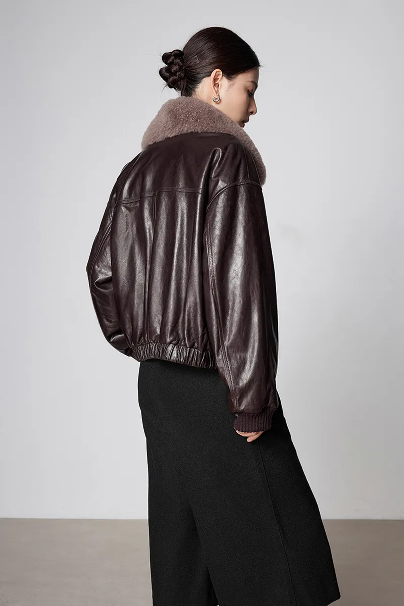 Luxe Lambskin Leather Camel Puffer Bomber Jacket with Fur Collar