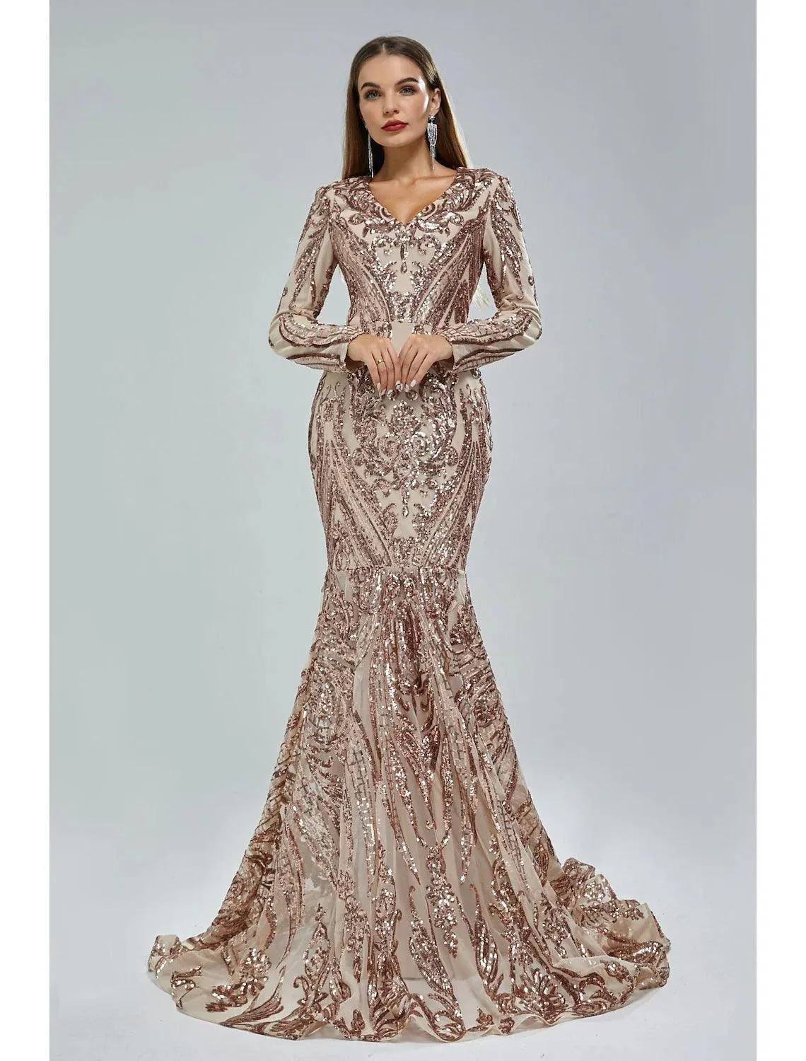 Mermaid / Trumpet Evening Gown Sparkle & Shine Dress Carnival Formal Court Train Long Sleeve V Neck African American Lace with Sequin