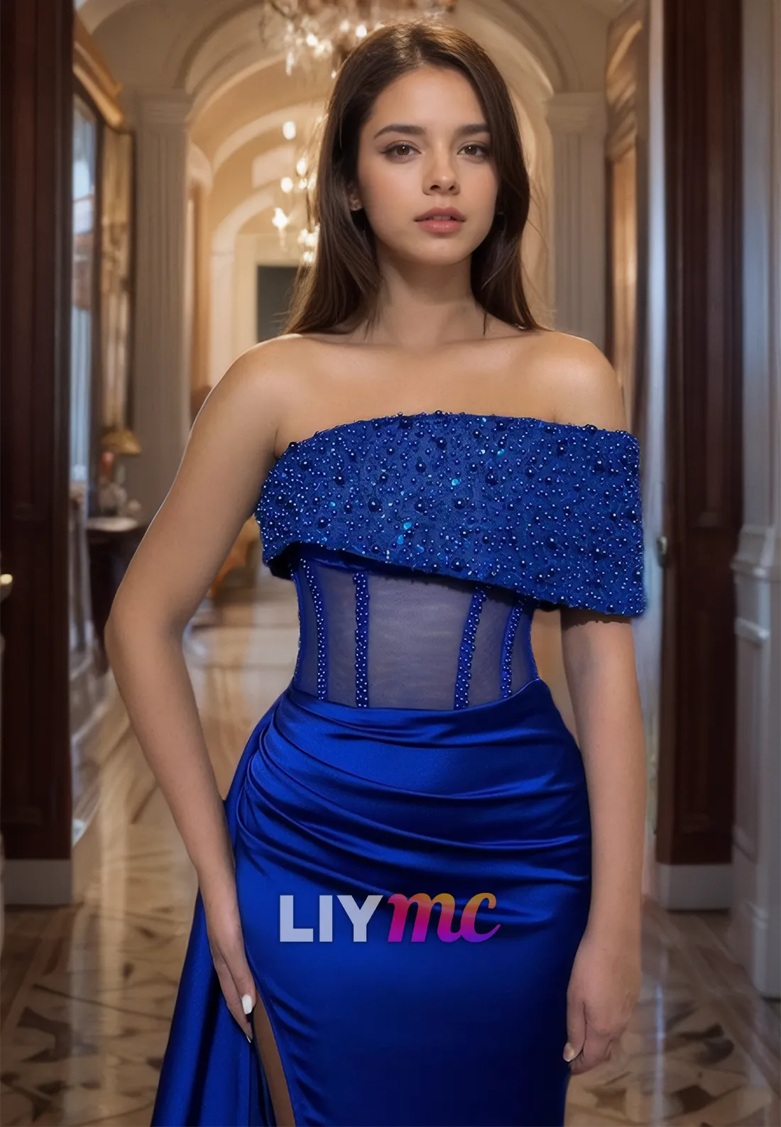 One Shoulder Sleeveless Sequins Sheer High Slit Mermaid Prom Dress