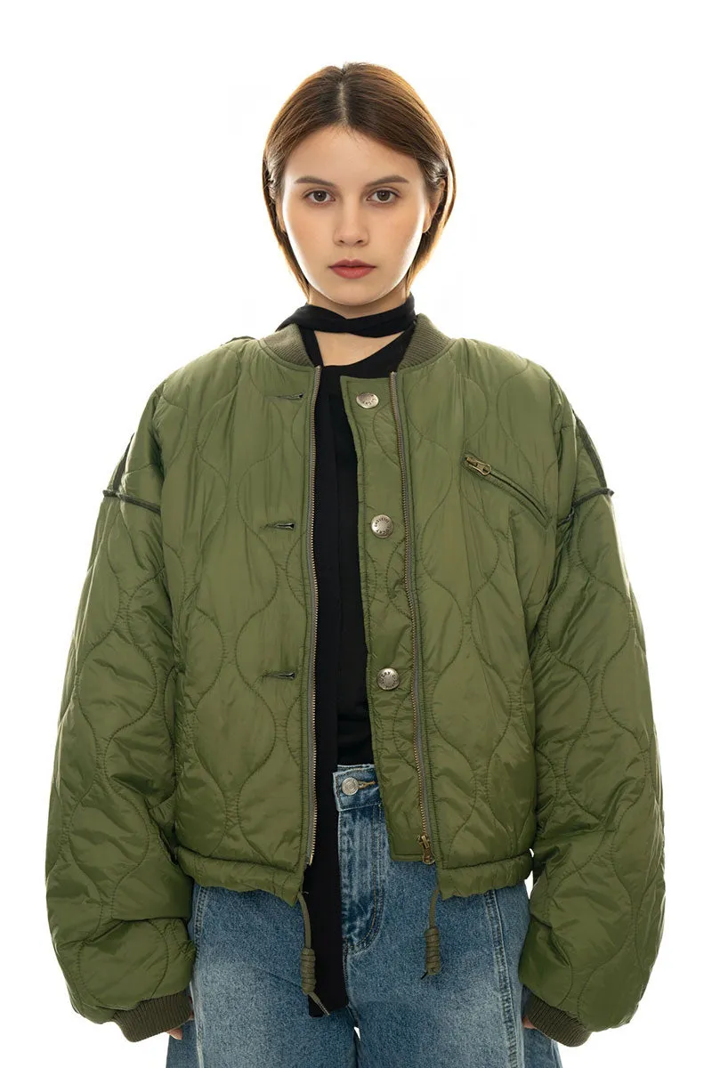 Oversized Quilted Zip-Up Bomber Jacket in Green