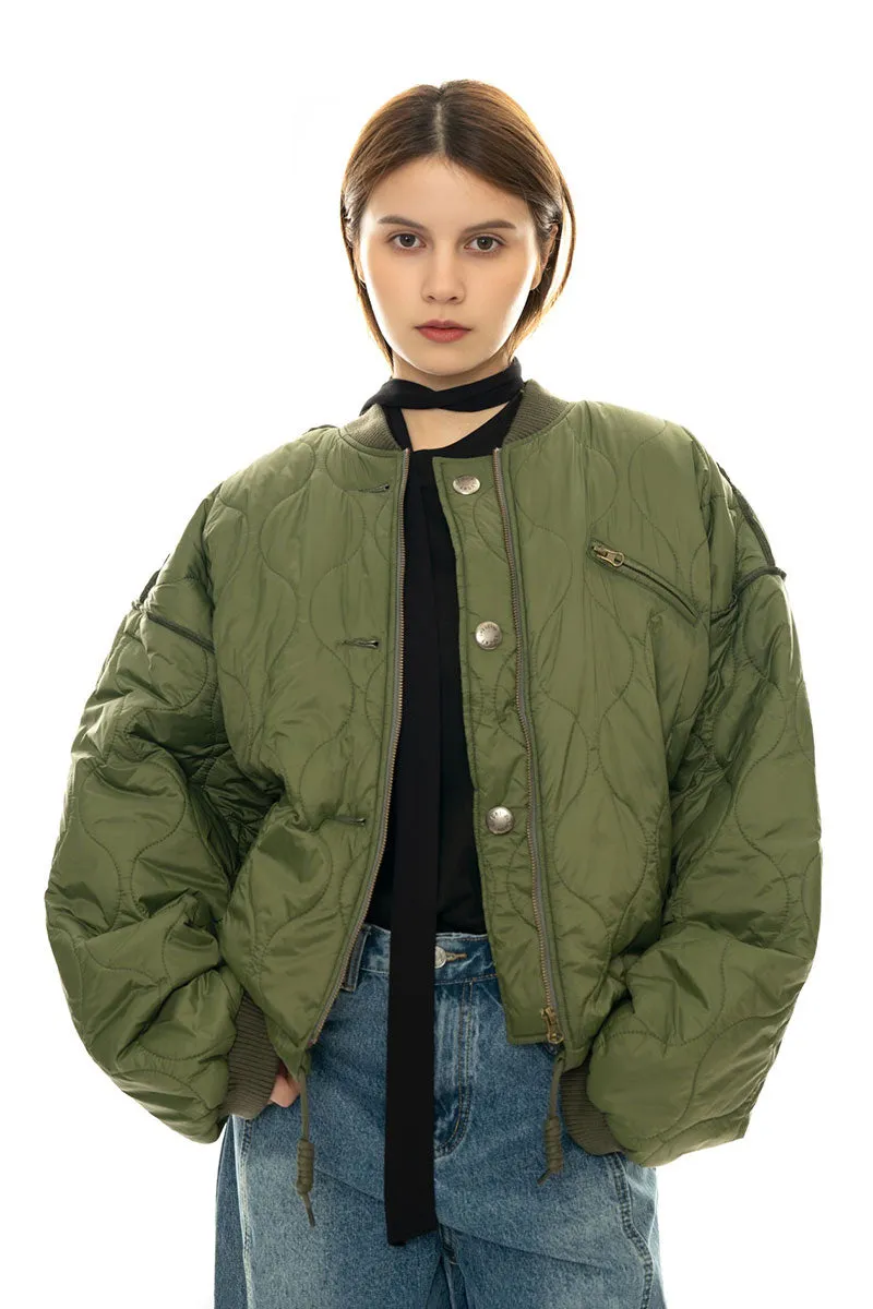 Oversized Quilted Zip-Up Bomber Jacket in Green