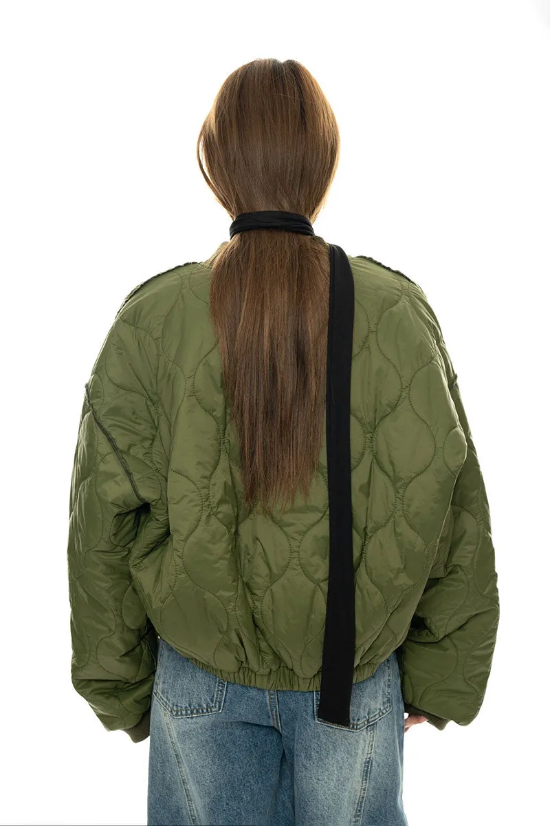 Oversized Quilted Zip-Up Bomber Jacket in Green