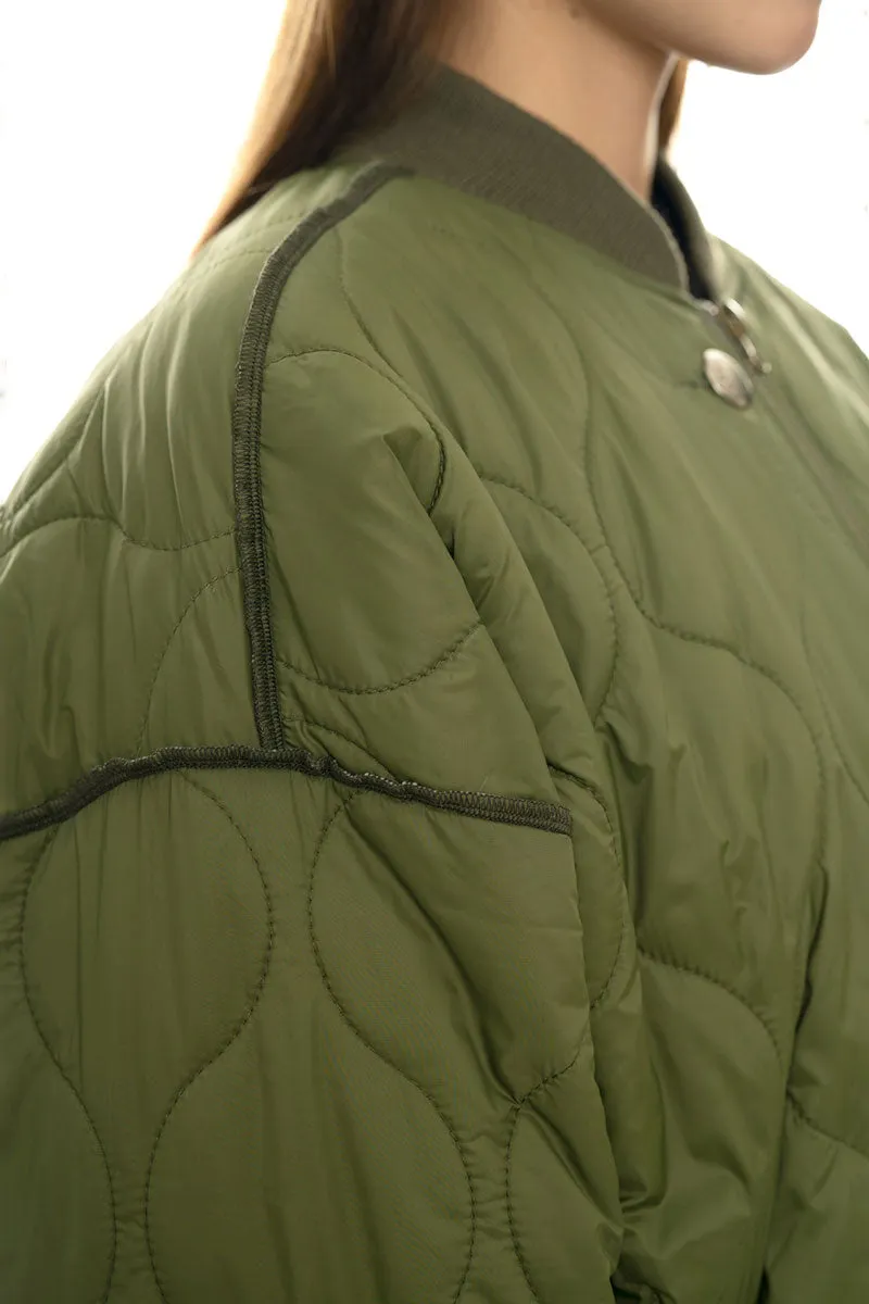 Oversized Quilted Zip-Up Bomber Jacket in Green