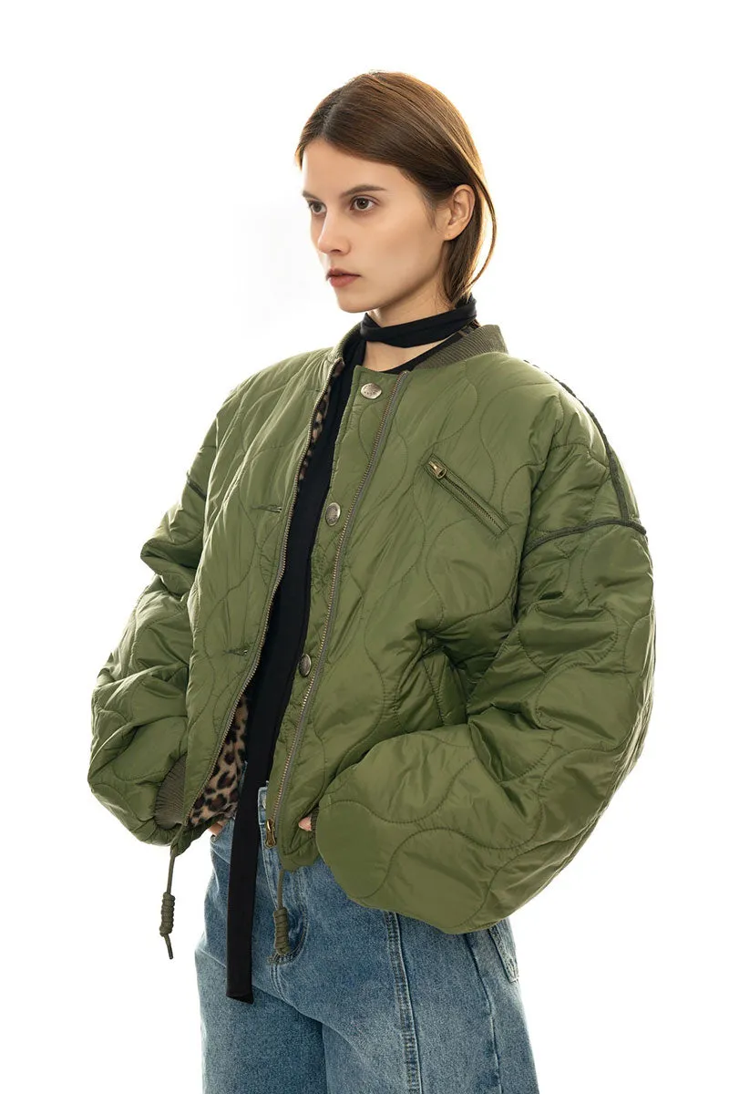 Oversized Quilted Zip-Up Bomber Jacket in Green