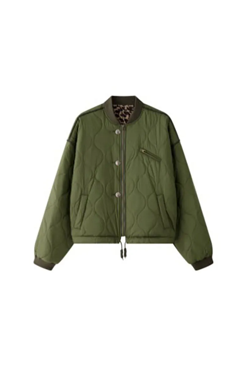 Oversized Quilted Zip-Up Bomber Jacket in Green