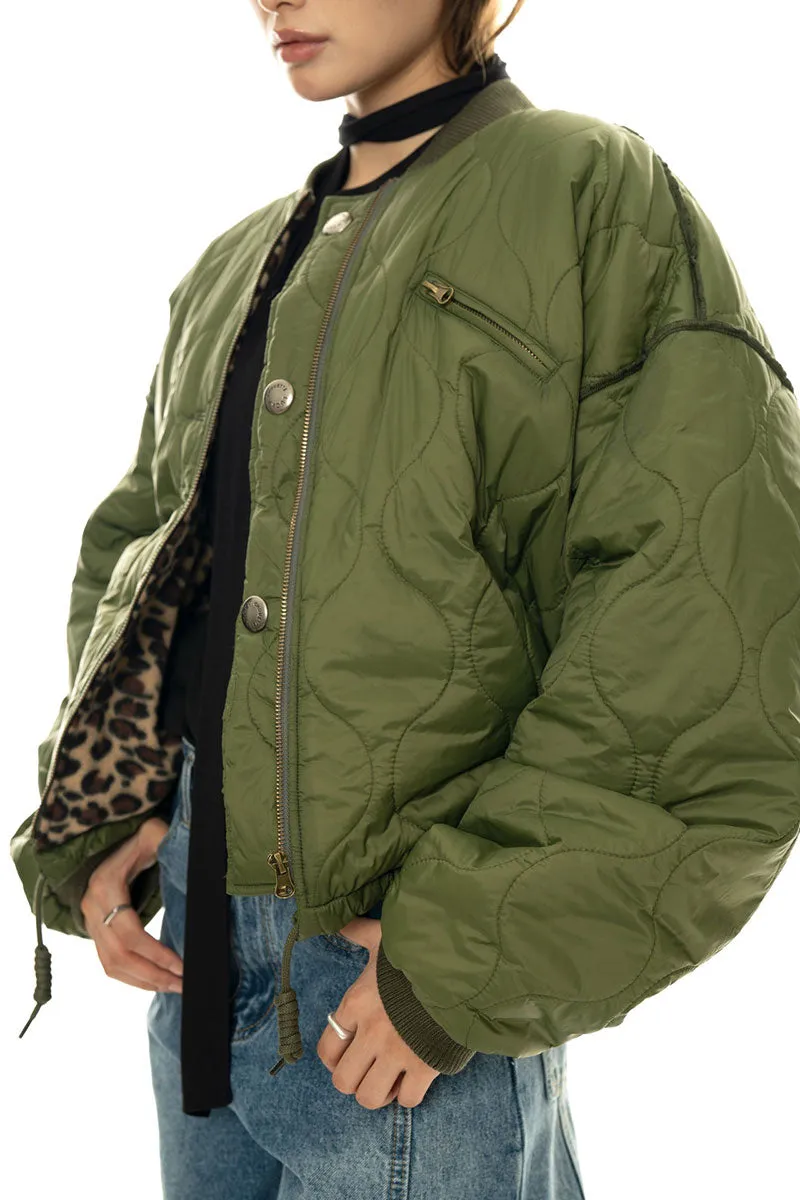 Oversized Quilted Zip-Up Bomber Jacket in Green