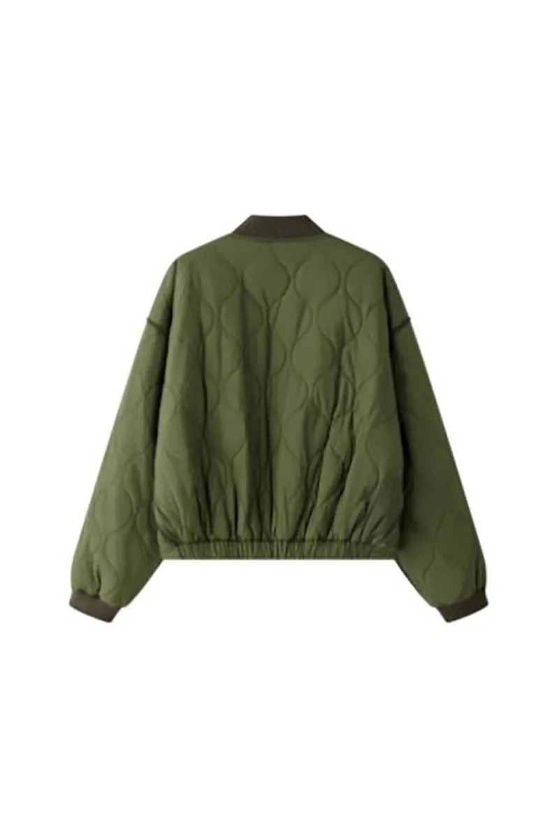 Oversized Quilted Zip-Up Bomber Jacket in Green