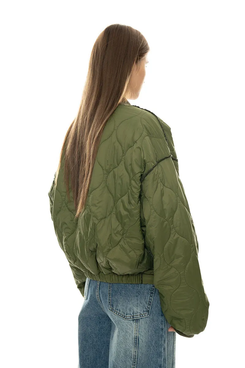 Oversized Quilted Zip-Up Bomber Jacket in Green