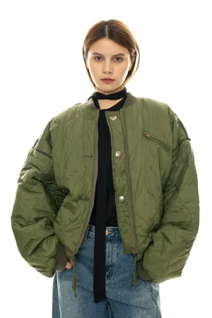 Oversized Quilted Zip-Up Bomber Jacket in Green