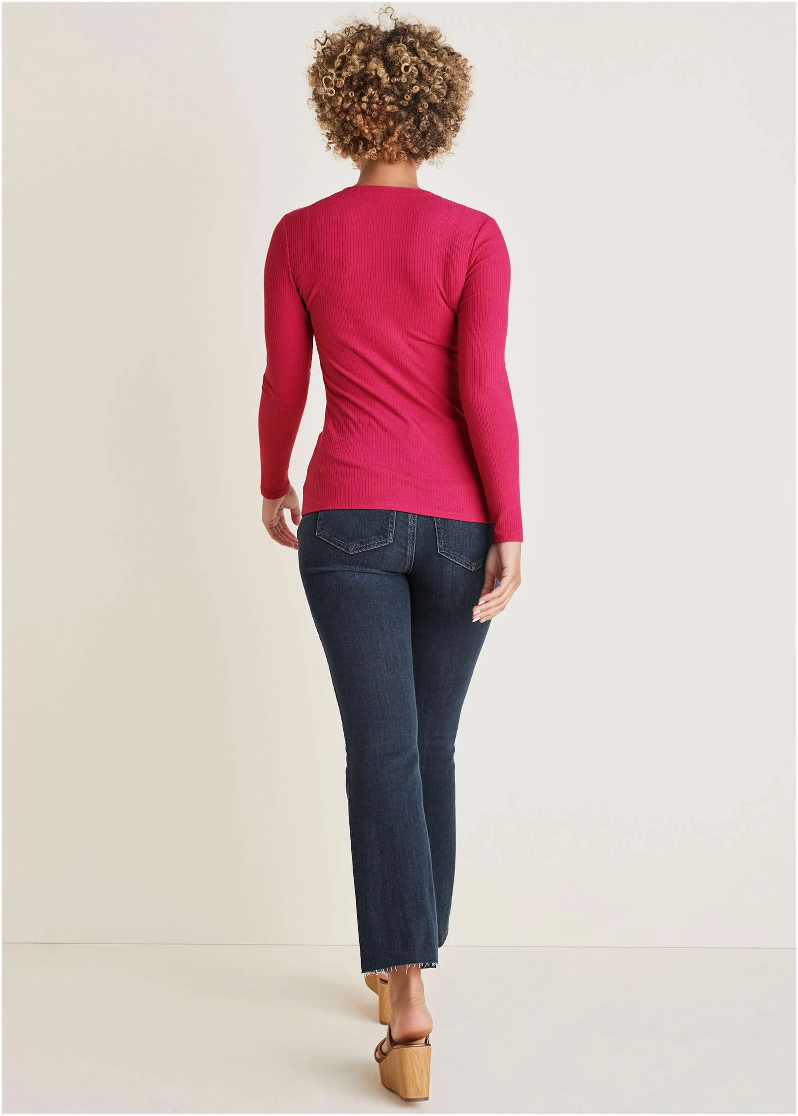 Ribbed Long Sleeve V-Neck - Barberry
