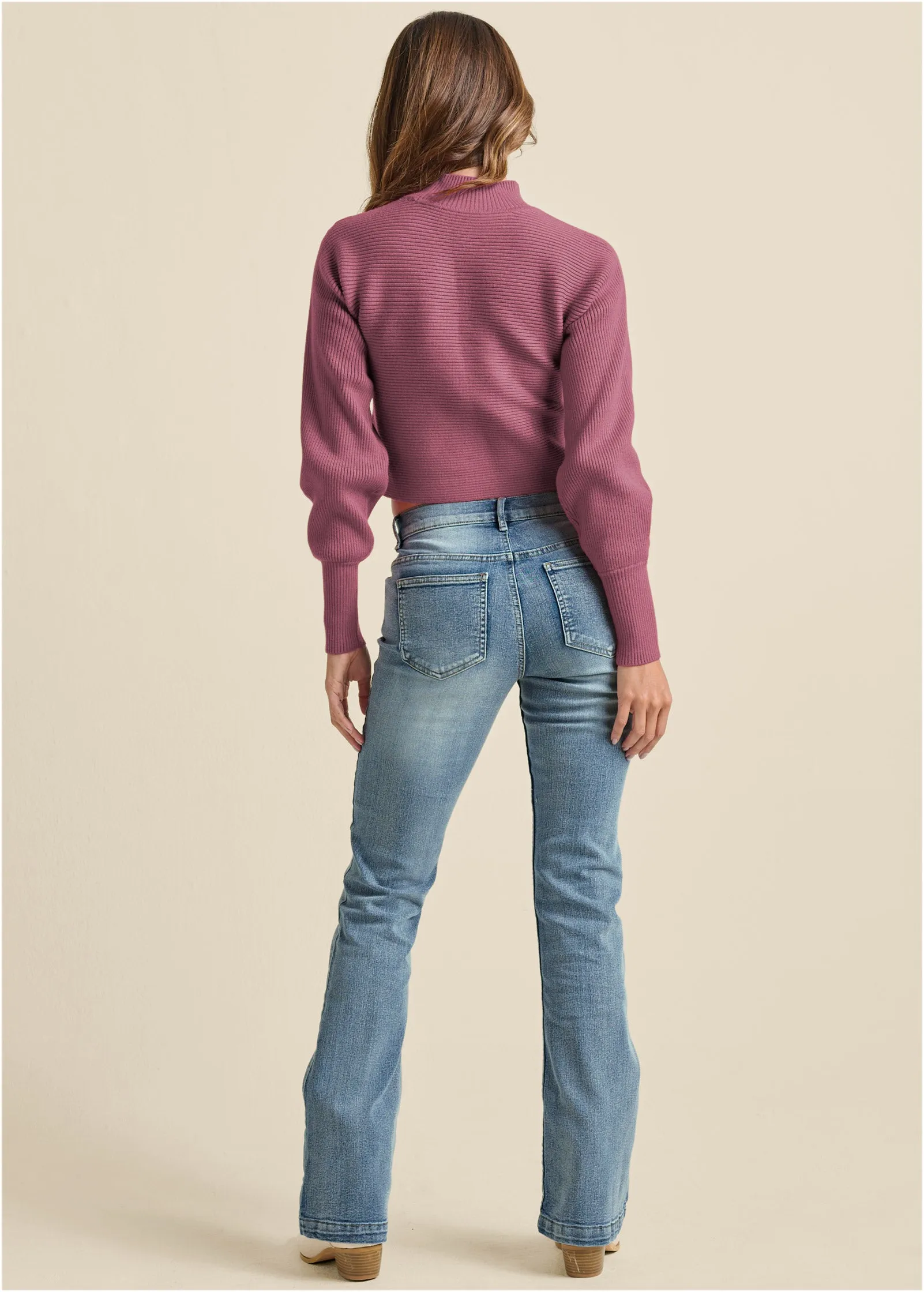 Ribbed Mock-Neck Sweater - Berry