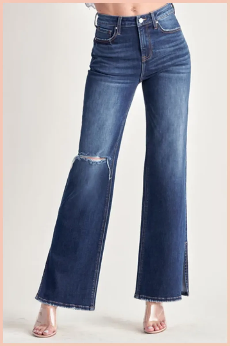 RISEN High Rise Distressed Wide Leg Flare | Dark Wash