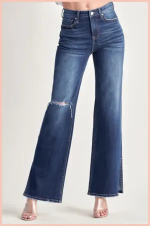 RISEN High Rise Distressed Wide Leg Flare | Dark Wash