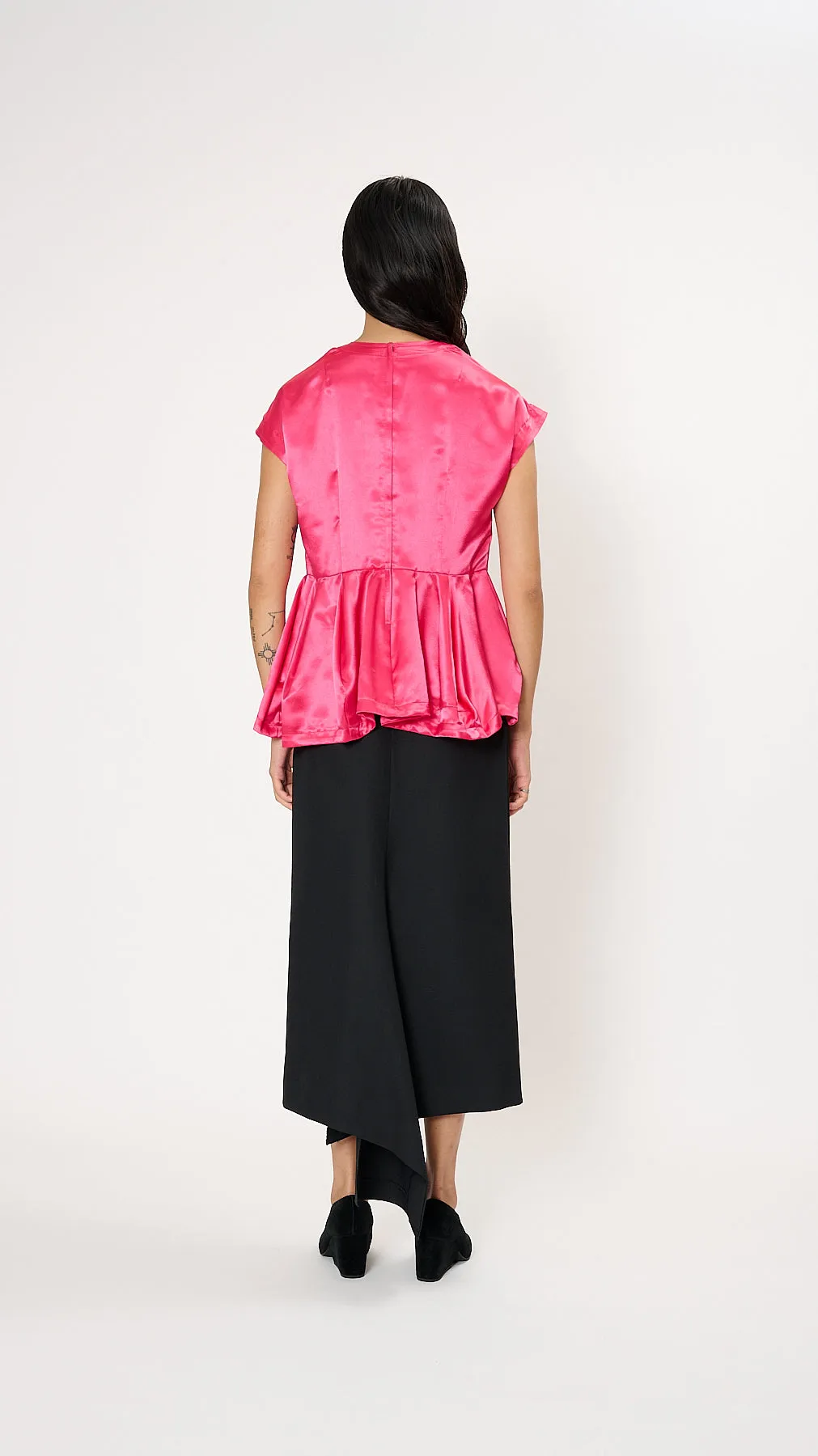 Ruffle Hem Satin Blouse in Hot Pink
