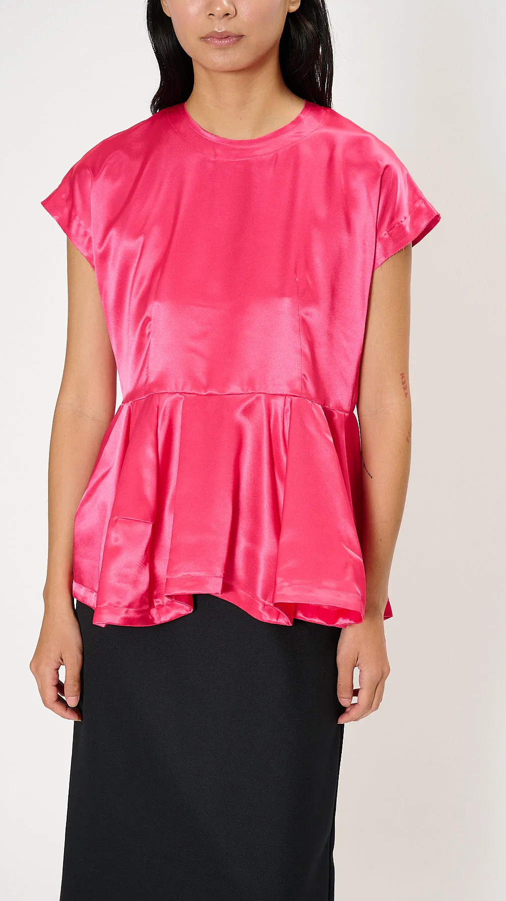 Ruffle Hem Satin Blouse in Hot Pink