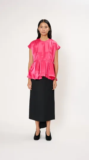 Ruffle Hem Satin Blouse in Hot Pink